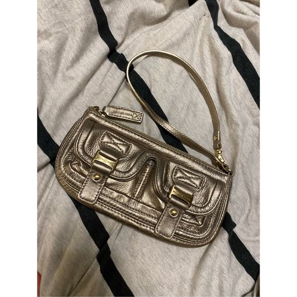 Michael Kors Gold Metallic Double Pocket Mini Purse Handbag Wristlet Wallet - Picture 1 of 8